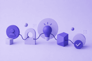 Ilustração minimalista de Design Thinking com ideias e resolução de problemas em roxo