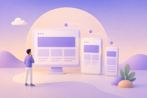 Ilustração de designer observando telas de computador e smartphones conectados por uma interface em nuvem