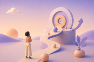 Ilustração 3D com uma mulher observando uma curva que representa aumento, com esferas e setas em destaque