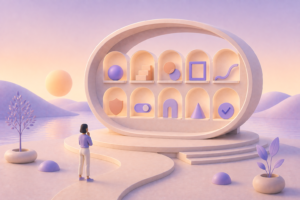 Cenário 3D com uma pessoa observando um painel circular com nove ícones de UX em molduras