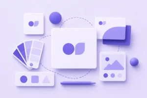 construção de branding Elementos de design gráfico incluindo cores, formas e ícones sobre fundo roxo.