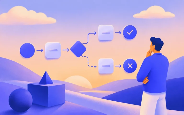 Pessoa observando um diagrama de fluxo e decisão em estilo ilustrativo com ícones de check e X