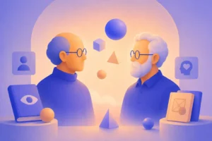 Dois homens idosos de perfil com óculos, formas geométricas flutuantes e livros, em tons roxo e laranja.