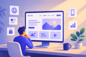 Pessoa sentada olhando para monitor com layout de website e ícones de web, mobile, e-commerce e analytics