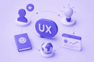 Ilustração isométrica minimalista sobre experiência do utilizador com elementos conectados em tons de roxo