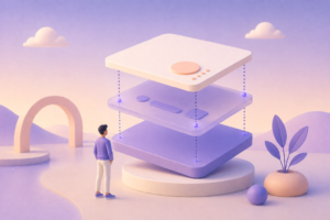 Ilustração 3D mostrando uma PWA instalada em camadas com conexão por pontos e uma pessoa observando