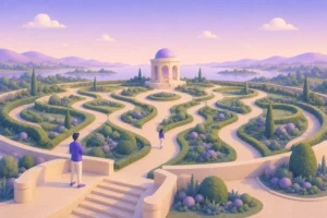 Jardim labiríntico pastel com caminhos sinuosos levando a um pavilhão central à beira de um lago