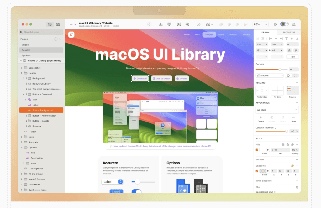 Sketch App para UX/UI: o que é e como se compara ao Figma | 1 | Camaraux, consultoria em UX design, projetos centrados no usuário Interface do Sketch APP mostrando a biblioteca de design para macOS com elementos de UI.