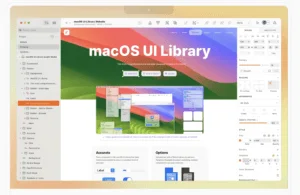 Interface do Sketch APP mostrando a biblioteca de design para macOS com elementos de UI.