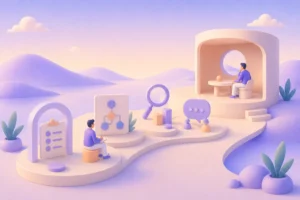 Ilustração 3D de pessoa conduzindo testes de usabilidade em um cenário com telas e personagens