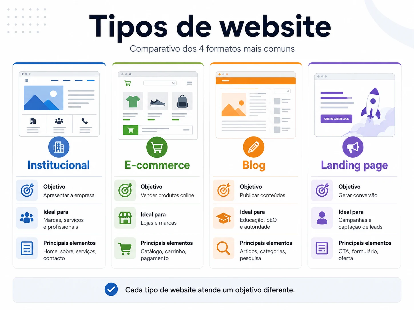 O que é um Website? Definição, tipos e exemplos reais | 3 | Camaraux, consultoria em UX design, projetos centrados no usuário Comparativo dos principais tipos de website: institucional, loja virtual, blog e landing page