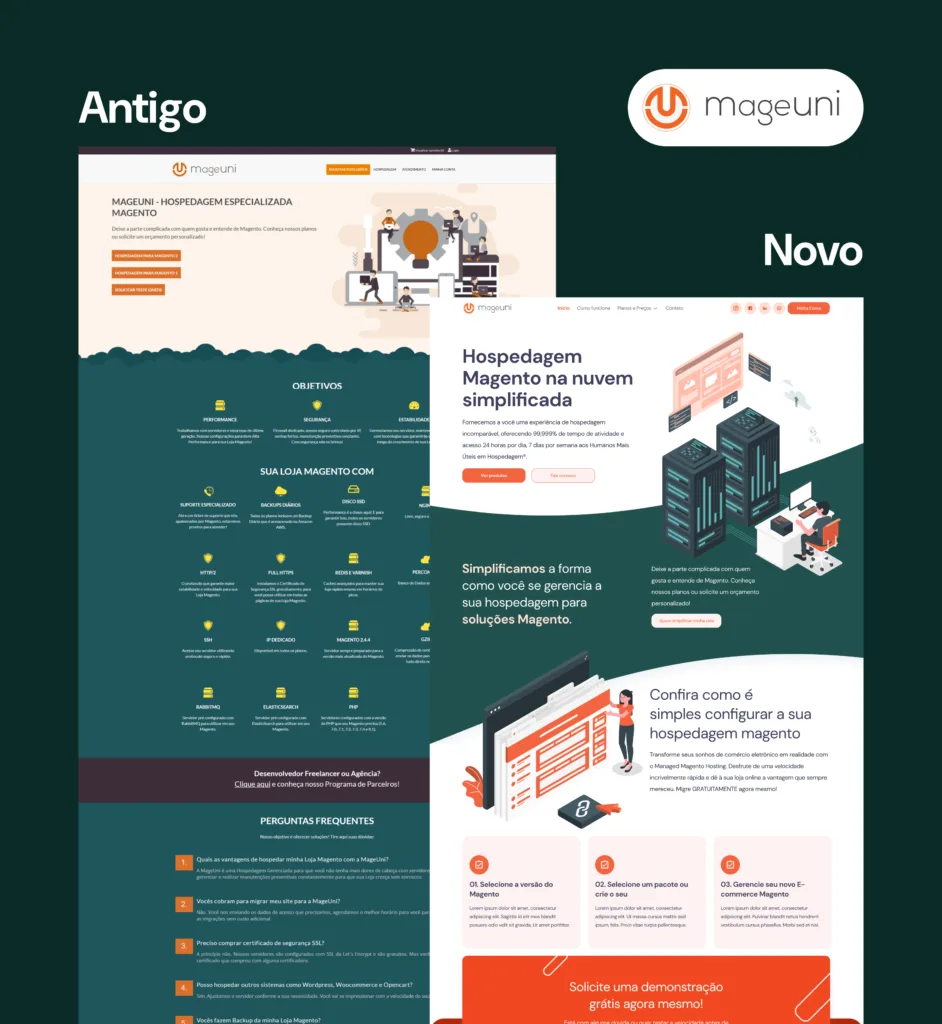 Redesign de site: quando fazer, como planejar e medir resultados | 2 | Camaraux, consultoria em UX design, projetos centrados no usuário Comparativo entre o design antigo e novo do site da Mageuni, destacando melhorias visuais.