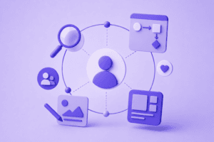 Ilustração minimalista de design centrado no usuário com UX e pesquisa em roxo