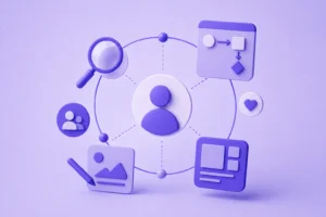 Ilustração minimalista de design centrado no usuário com UX e pesquisa em roxo
