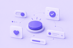 Ilustração isométrica minimalista de microinterações com botões e feedback visual em tons de roxo