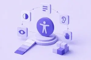 Ilustração isométrica minimalista com elementos sensoriais e inclusão representando acessibilidade em tons de roxo
