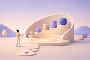Pessoa em miniatura ao lado de estrutura geométrica com esferas e blocos coloridos em cenário abstrato