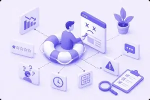 Ilustração isométrica de produto digital com problemas e apoio de UX representado por bóia e análise em tons de roxo