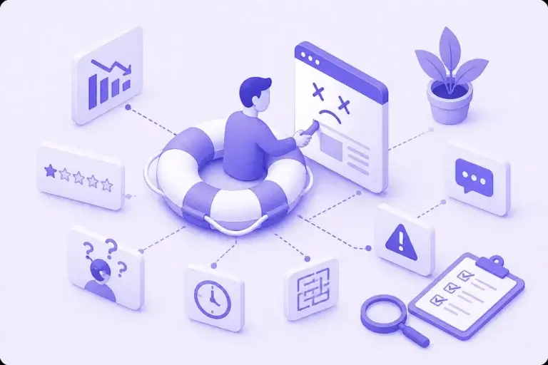 Ilustração isométrica de produto digital com problemas e apoio de UX representado por bóia e análise em tons de roxo