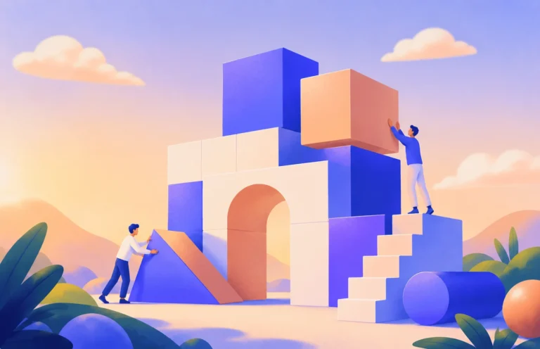 Duas pessoas encaixando blocos geométricos coloridos para construir uma estrutura modular.