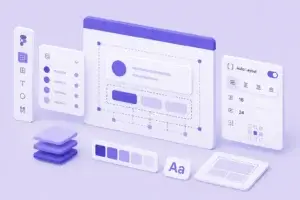 Ilustração isométrica minimalista de interface modular com componentes e layout flexível em tons de roxo