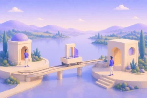 Ilustração de plataformas conectadas por trilhos sobre um lago, com um carrinho entre arcos e duas pessoas.