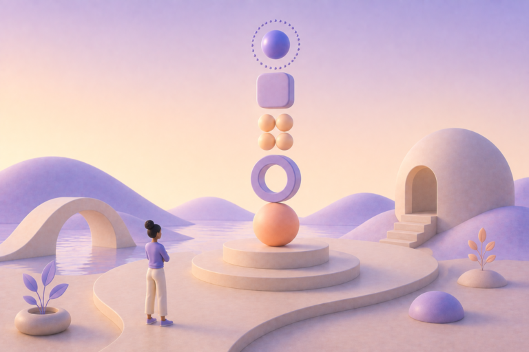 Ilustração 3D com pessoa observando componentes modulares em camadas, representando a metodologia Atomic Design.