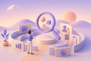 Ilustração 3D de uma pessoa analisando dados sob uma lupa no cenário de UX