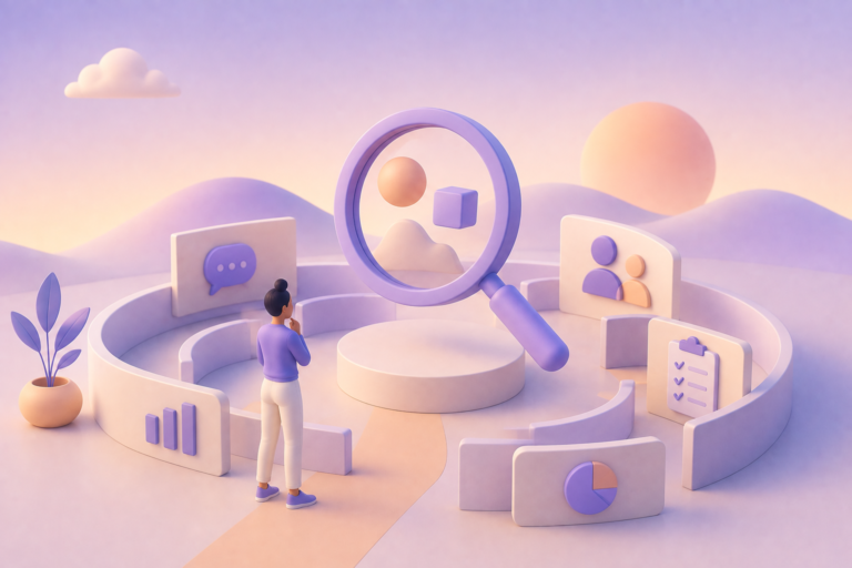 Ilustração 3D de uma pessoa analisando dados sob uma lupa no cenário de UX
