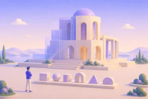 Pessoa observando edifício estilizado com arcos e formas geométricas em primeiro plano