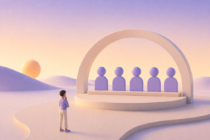 Pessoa em pé observando cinco figuras de usabilidade em um palco circular, em cenário futurista