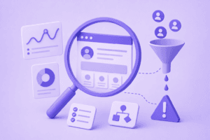 Ilustração minimalista de UX Audit com análise de conversão e gargalos em roxo