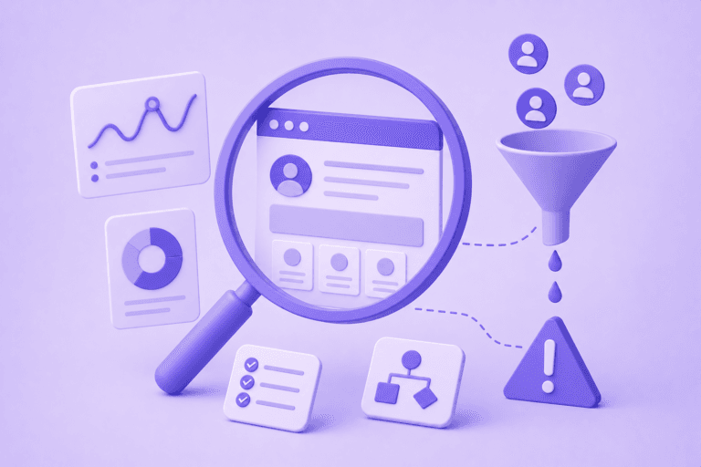 Ilustração minimalista de UX Audit com análise de conversão e gargalos em roxo