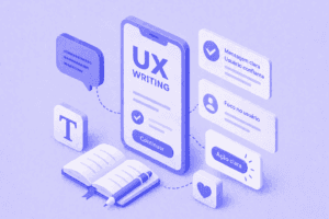 Ilustração isométrica de UX Writing com interface mobile, textos e elementos de escrita em tons de roxo