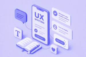 Ilustração isométrica de UX Writing com interface mobile, textos e elementos de escrita em tons de roxo