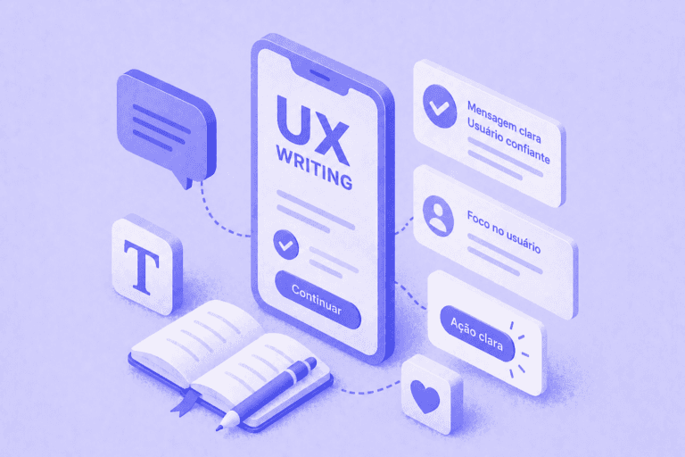 Ilustração isométrica de UX Writing com interface mobile, textos e elementos de escrita em tons de roxo