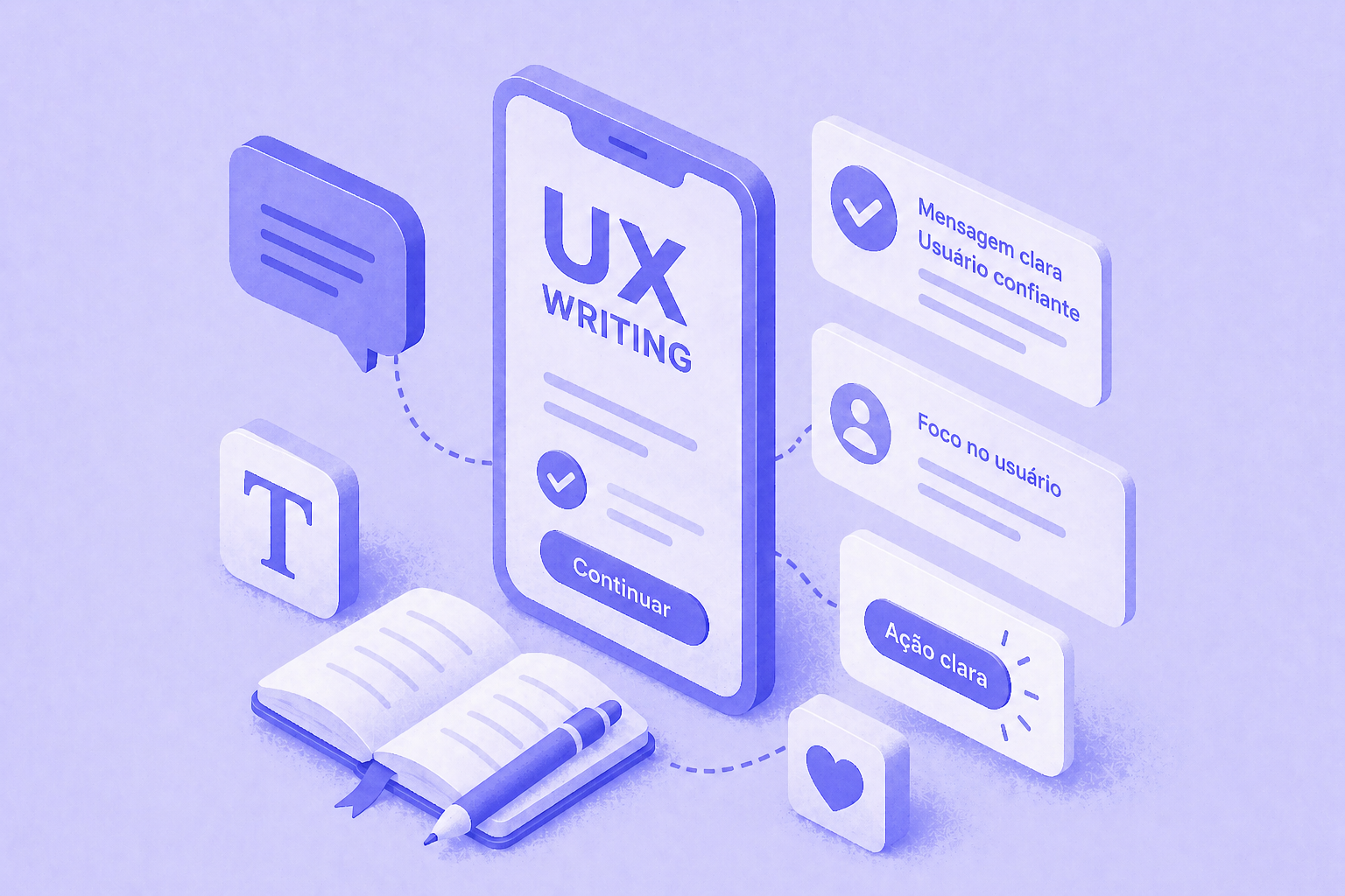 Ilustração isométrica de UX Writing com interface mobile, textos e elementos de escrita em tons de roxo