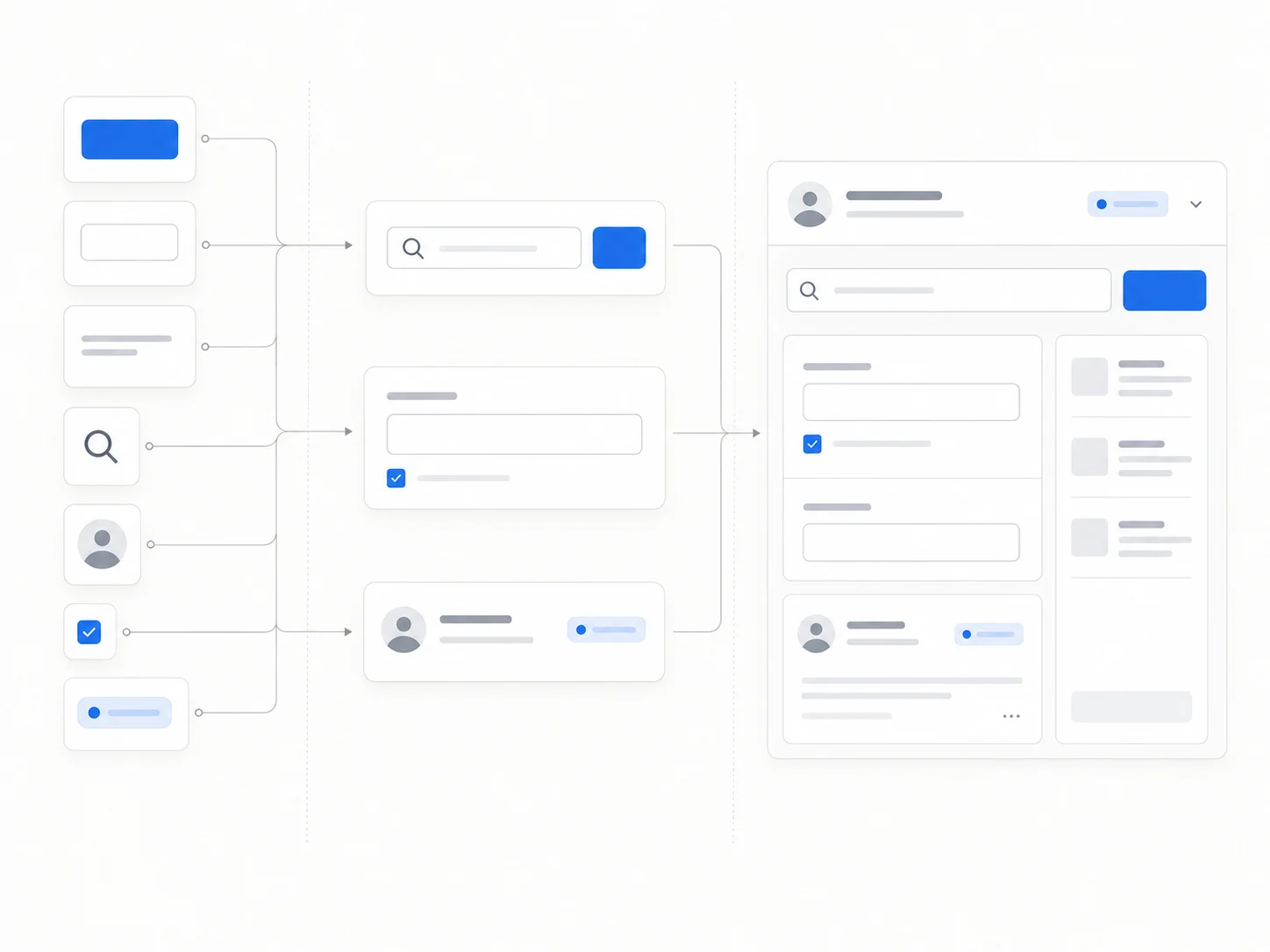O que é a Metodologia Atomic Design? | 2 | Camaraux, consultoria em UX design, projetos centrados no usuário Fluxo mostrando átomos e moléculas na metodologia Atomic Design