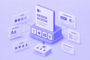 Ilustra&ccedil;&atilde;o isom&eacute;trica de design system com componentes, tipografia e documenta&ccedil;&atilde;o conectados em tons de roxo