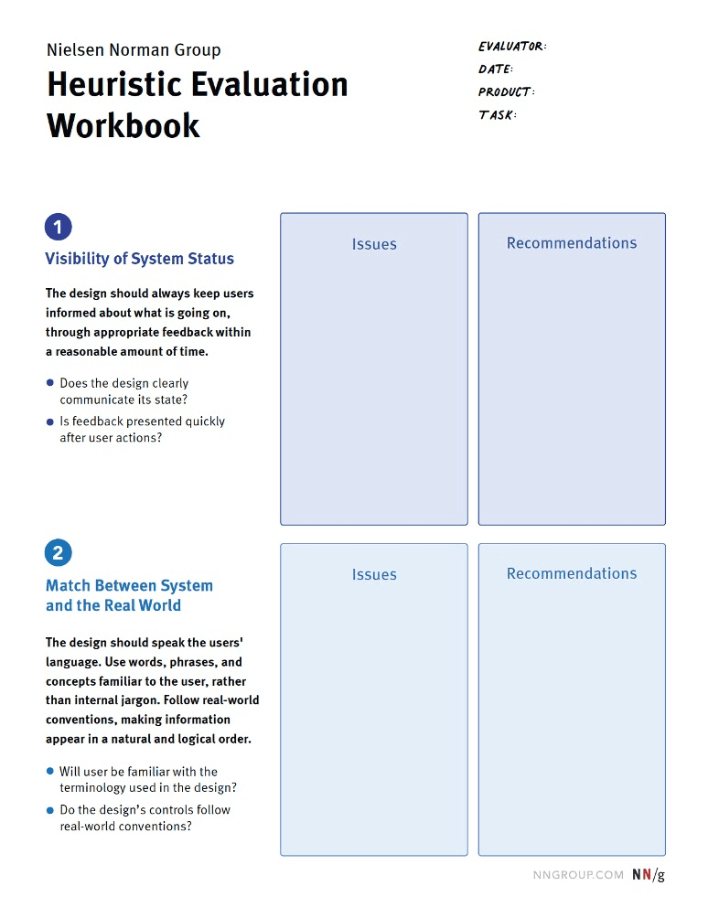 Avaliação heurística: como fazer, checklist e escala de severidade | 3 | Camaraux, consultoria em UX design, projetos centrados no usuário Tabela de avaliação heurística com critérios de visibilidade do status do sistema e correspondência com o mundo real