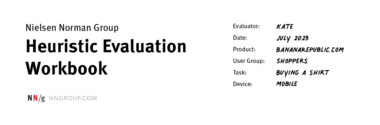Avaliação heurística: como fazer, checklist e escala de severidade | 1 | Camaraux, consultoria em UX design, projetos centrados no usuário Captura de workbook oficial da Nielsen Norman Group com campos para avaliador e contexto de inspeção