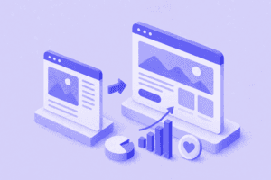 Ilustração isométrica de redesign de site com comparação entre interface antiga e nova e gráficos de crescimento em tons de roxo