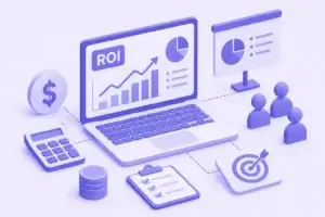 Ilustração isométrica de ROI em UX com gráficos de crescimento, análise financeira e apresentação para equipa em tons de roxo