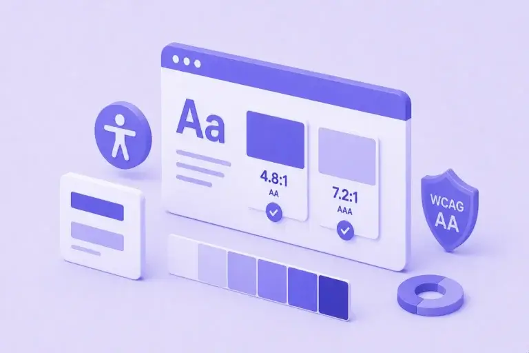 Acessibilidade Cromática no Design System Ilustração isométrica minimalista de verificação de contraste de cores e acessibilidade em interface digital em tons de roxo