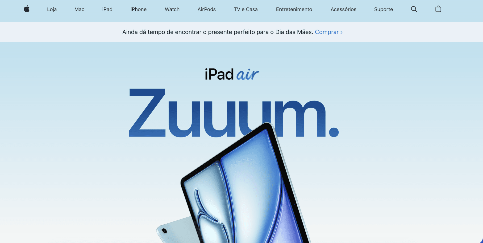 iPad Air exibido com design minimalista e cores suaves no site da Apple.
