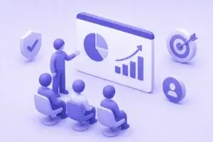 Ilustração isométrica minimalista de apresentação de resultados de UX para stakeholders com gráficos e audiência em tons de roxo