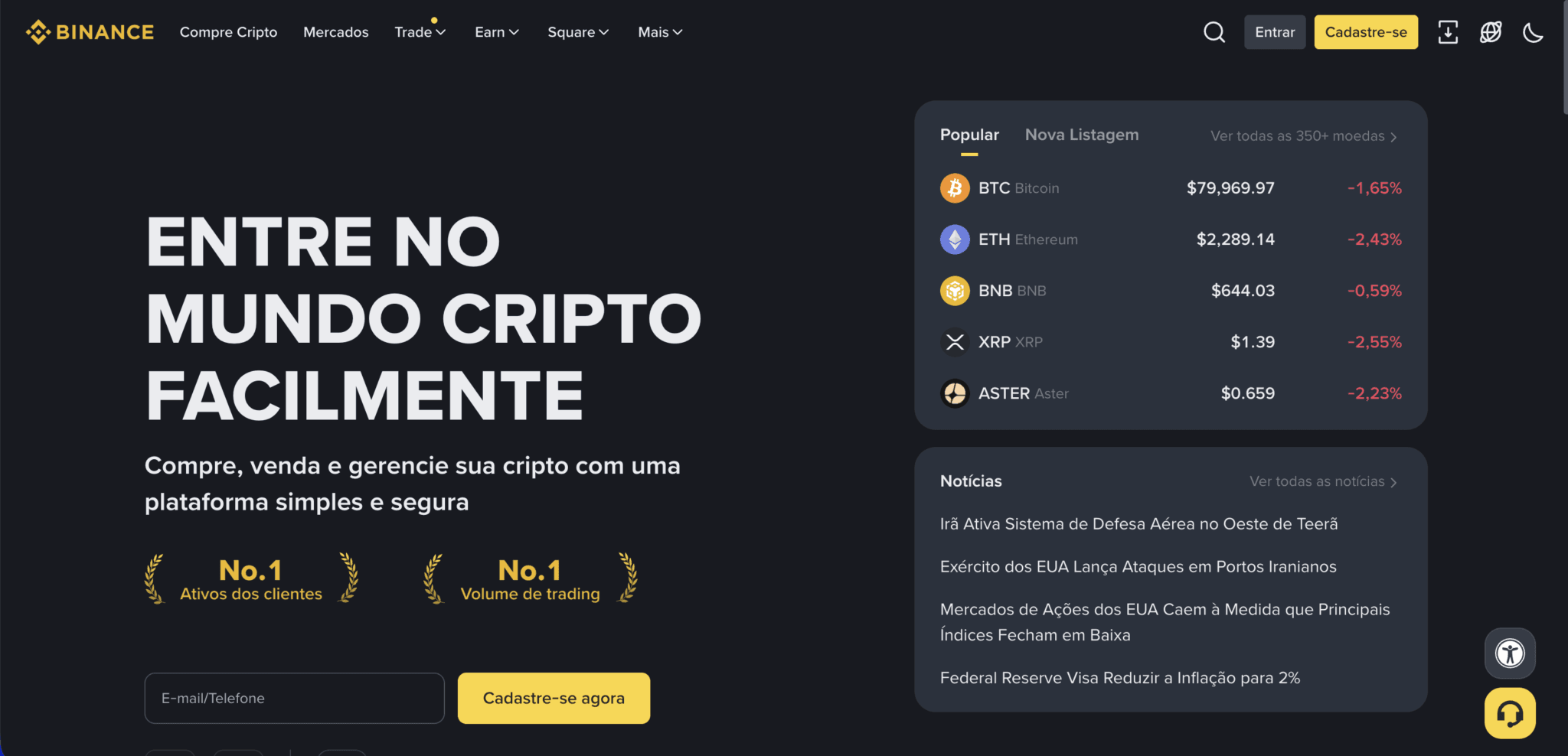 Interface da plataforma Binance com gráfico de criptomoedas e informações de mercado.