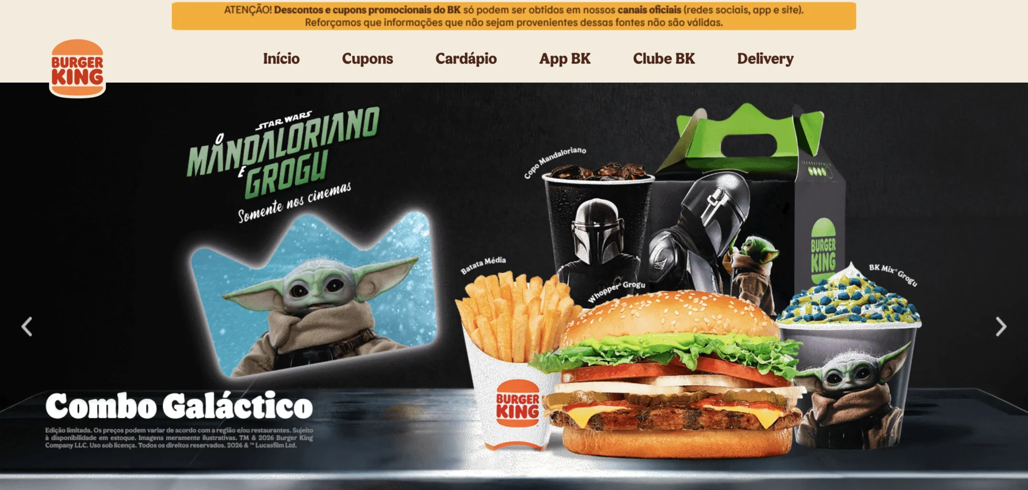 Combo Galáctico do Burger King com itens de comida e personagens de Star Wars.