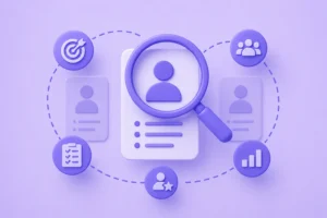 Ilustração minimalista de contratação de consultoria UX com análise estratégica em roxo