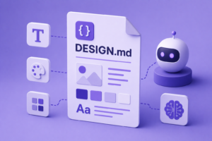 Ilustração minimalista de identidade visual para agentes de IA com elementos modulares em roxo